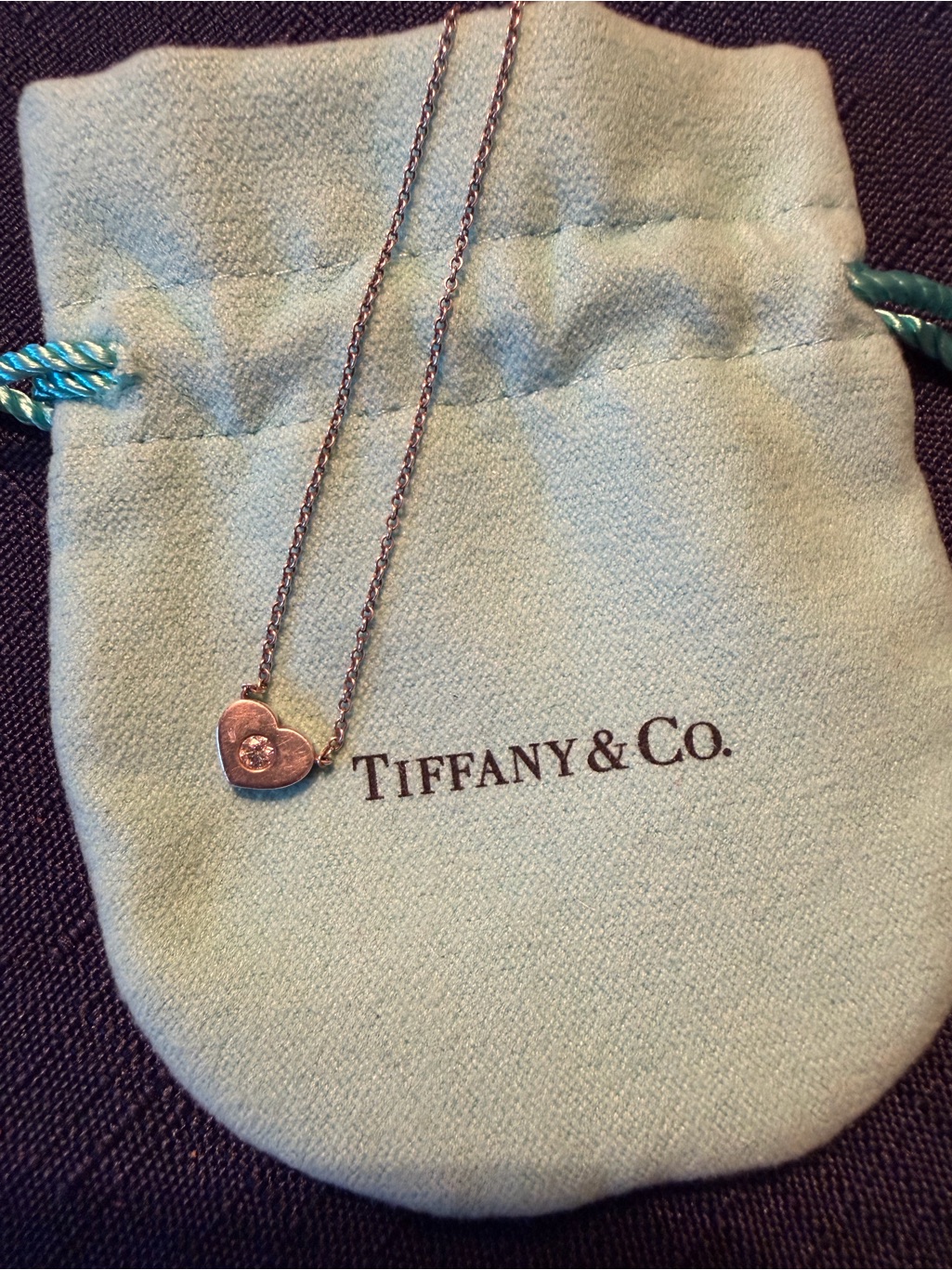Tiffany & Co. Silver Heart Necklace With Blue-Green Pouch *Authentic*